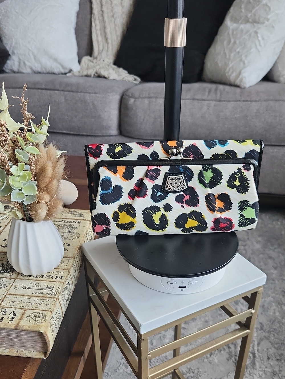 Brighton Multicolor Neon Leopard Print Kiss-Lock Wallet Clutch Organizer - EUC